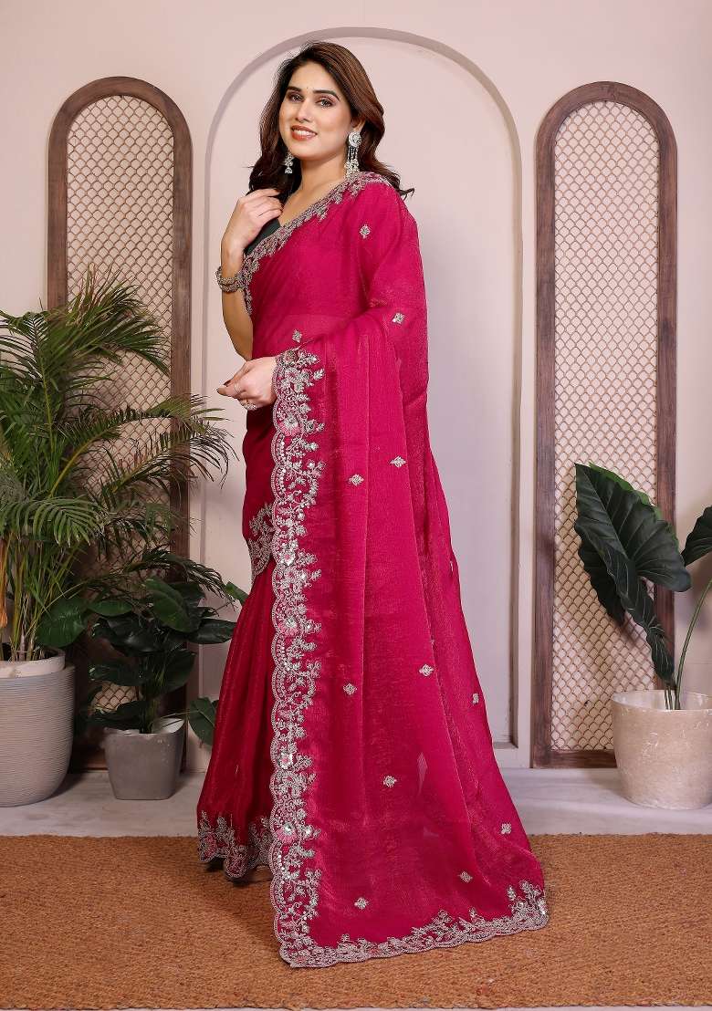 Pink Chiffon Saree Set with Embroidery for Diwali | Wedding & Festive Wear - Indya