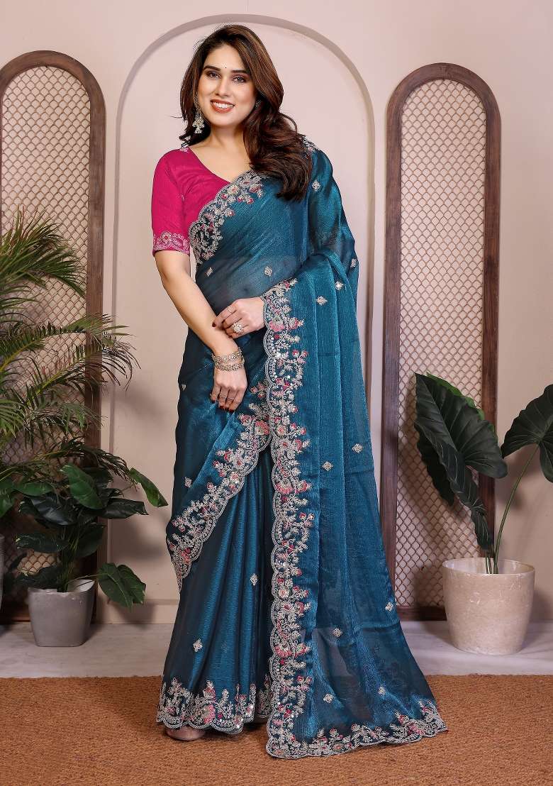 Blue Chiffon Saree Set with Embroidery for Diwali | Wedding & Festive Wear - Indya