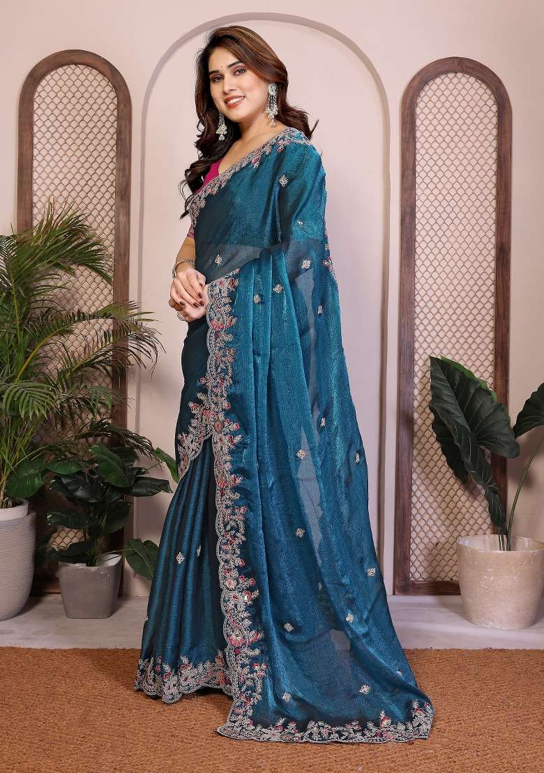 Blue Chiffon Saree Set with Embroidery for Diwali | Wedding & Festive Wear - Indya