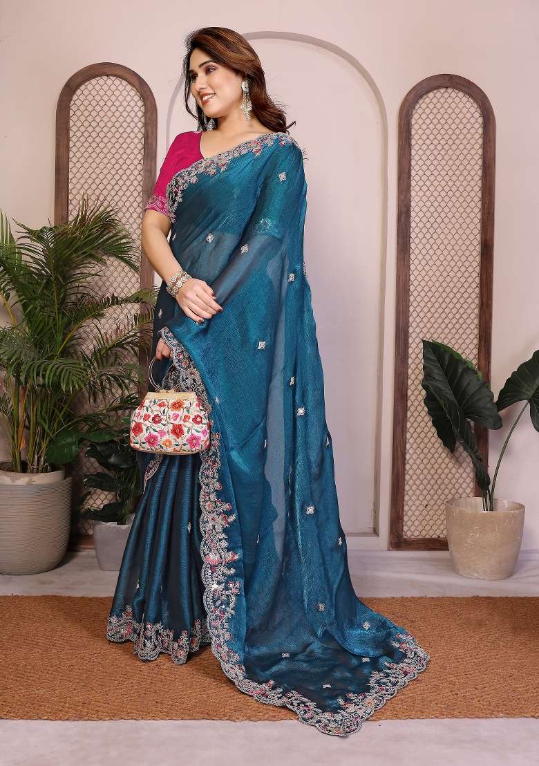 Blue Chiffon Saree Set with Embroidery for Diwali | Wedding & Festive Wear - Indya