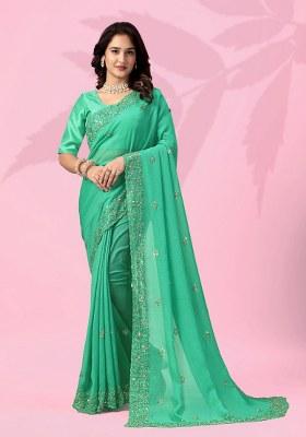 Green Embroidery Silk Saree Set
