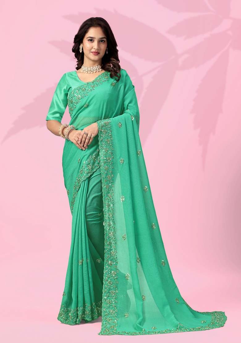 Green Embroidery Silk Blend Saree Set for Diwali and Festive Wear - Indya