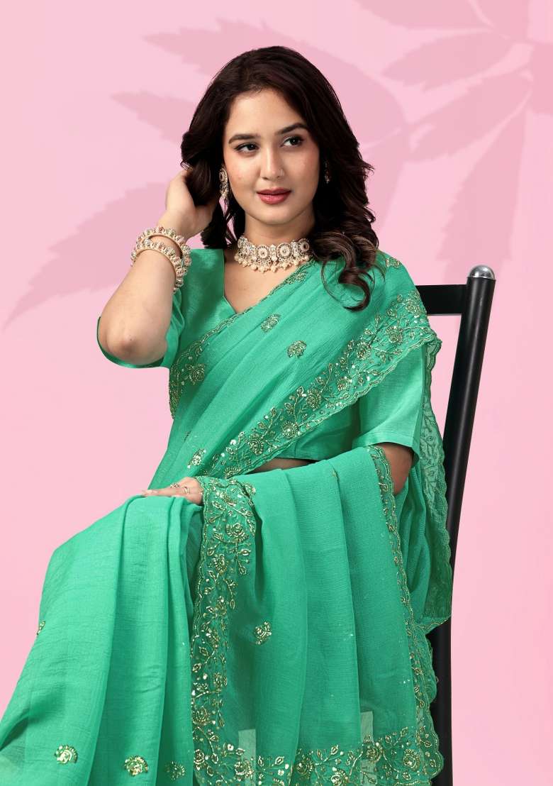 Green Embroidery Silk Blend Saree Set for Diwali and Festive Wear - Indya