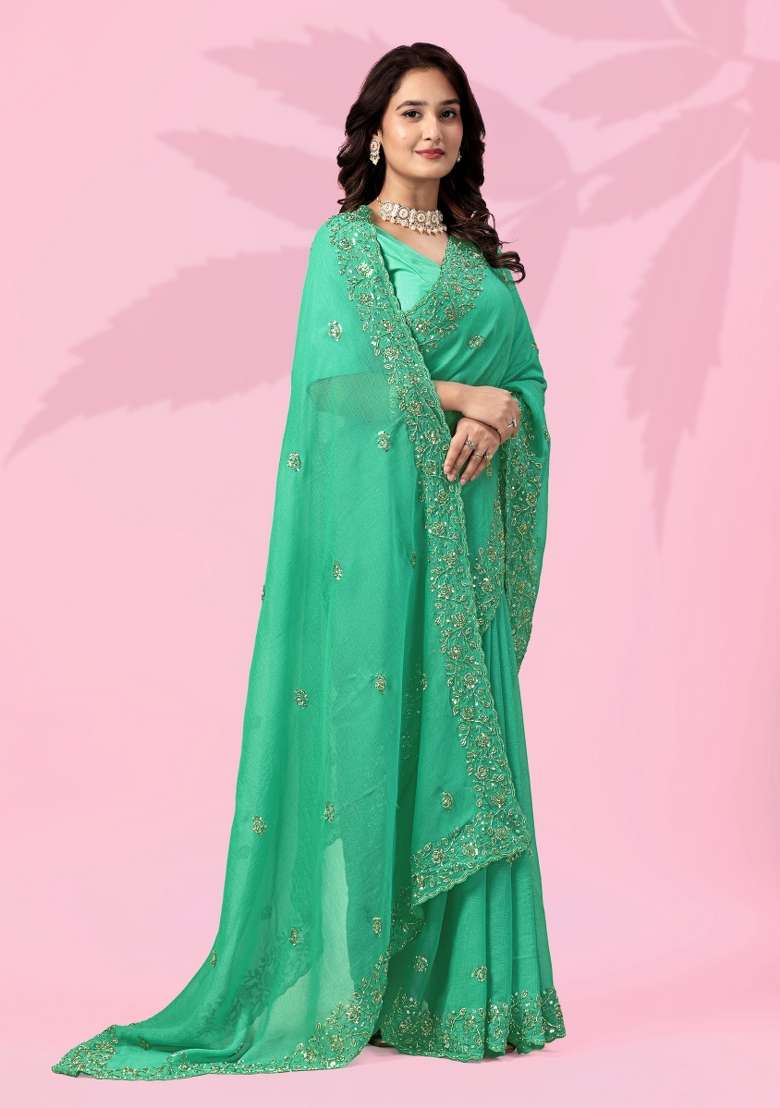 Green Embroidery Silk Blend Saree Set for Diwali and Festive Wear - Indya
