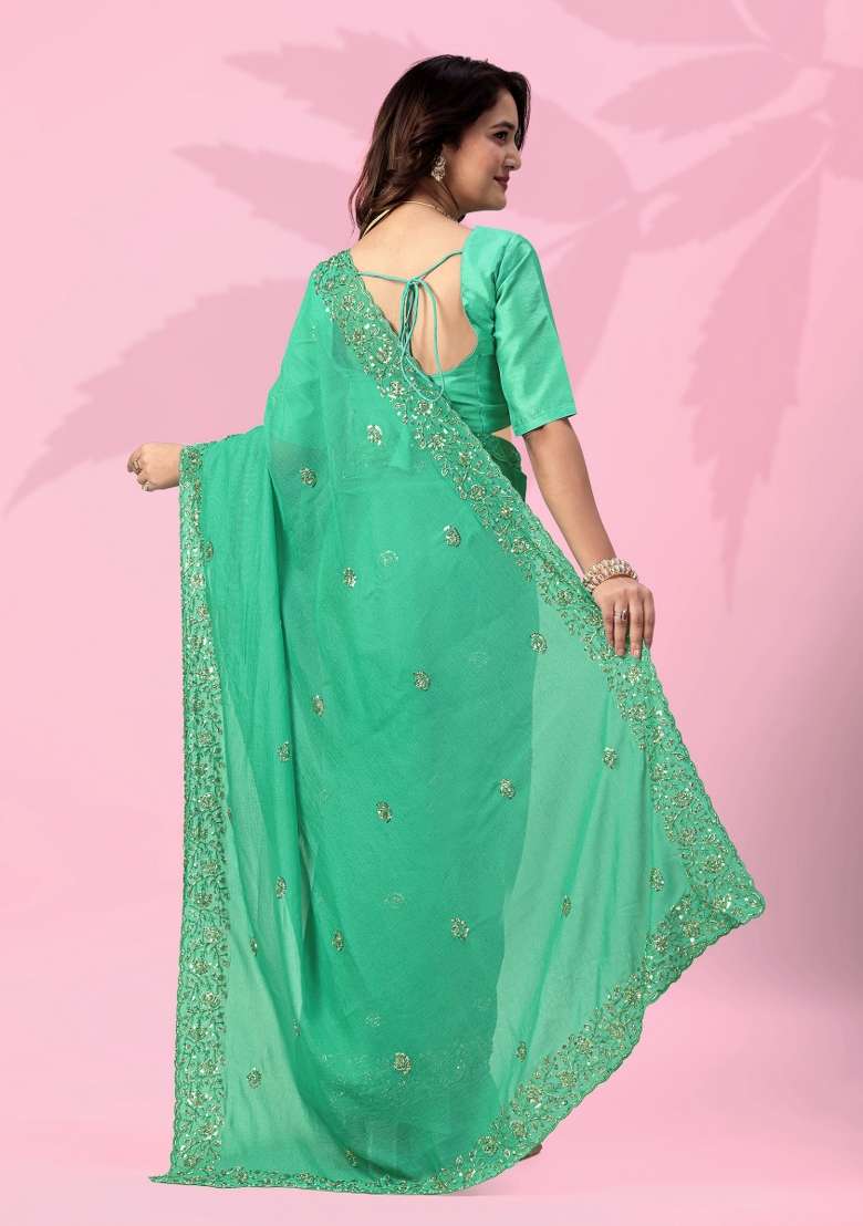 Green Embroidery Silk Blend Saree Set for Diwali and Festive Wear - Indya