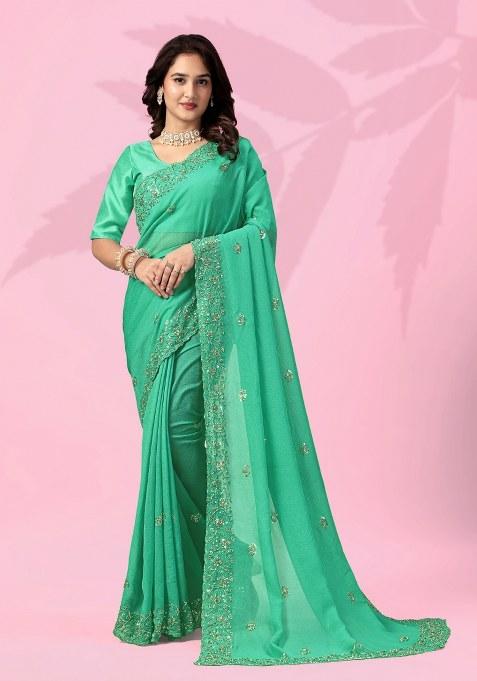 Green Embroidery Silk Saree Set