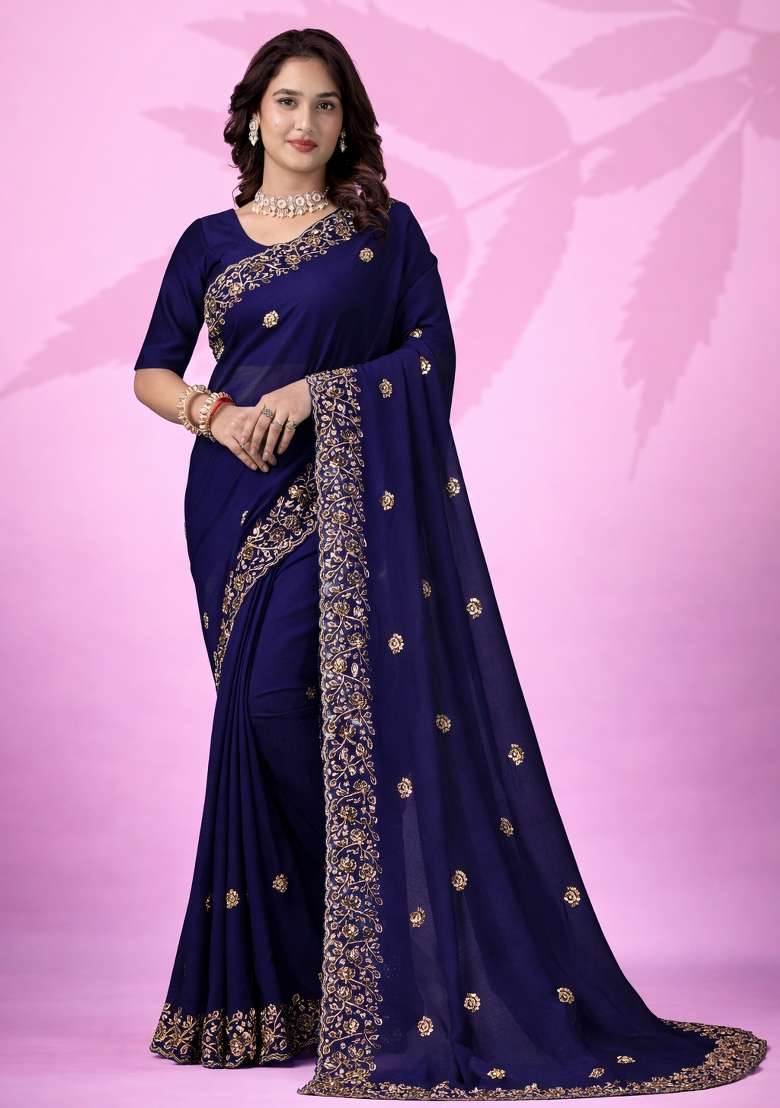 Blue Embroidery Silk Blend Saree Set for Diwali and Festive Wear - Indya