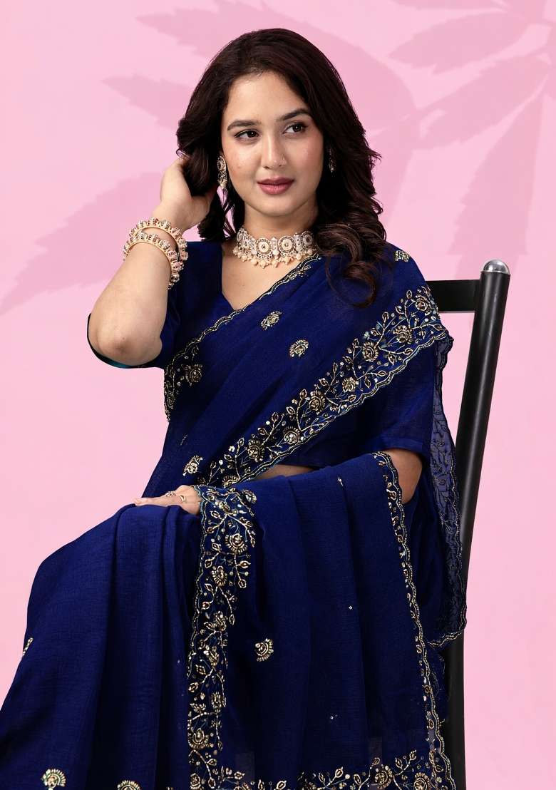 Blue Embroidery Silk Blend Saree Set for Diwali and Festive Wear - Indya
