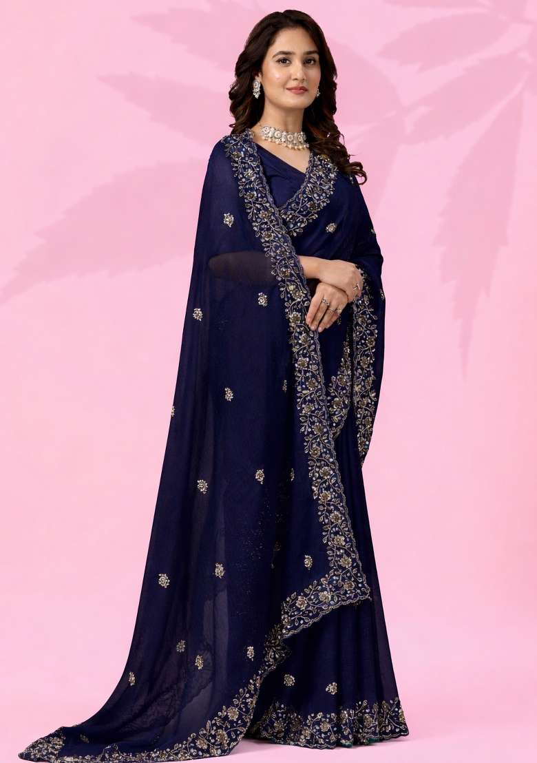 Blue Embroidery Silk Blend Saree Set for Diwali and Festive Wear - Indya