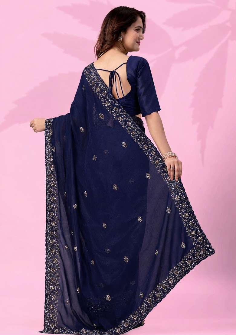 Blue Embroidery Silk Blend Saree Set for Diwali and Festive Wear - Indya
