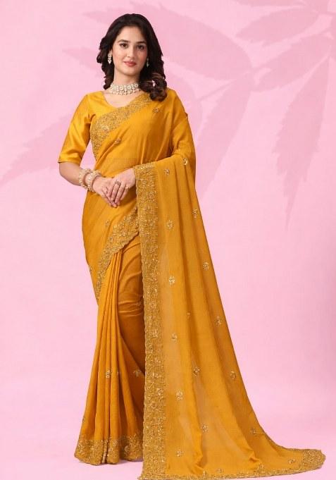 Yellow Embroidery Silk Saree Set