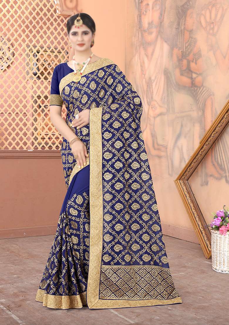 Navy Blue Georgette Saree Set with Embroidery for Diwali | Wedding & Festive Wear - Indya