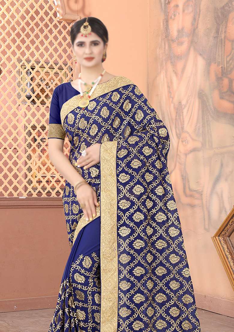 Navy Blue Georgette Saree Set with Embroidery for Diwali | Wedding & Festive Wear - Indya