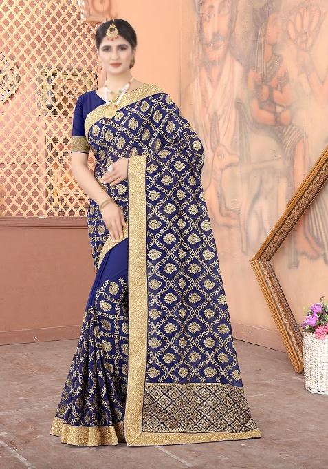 Navy Blue Embroidery Georgette Saree Set