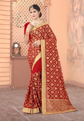 Red Embroidery Georgette Saree Set