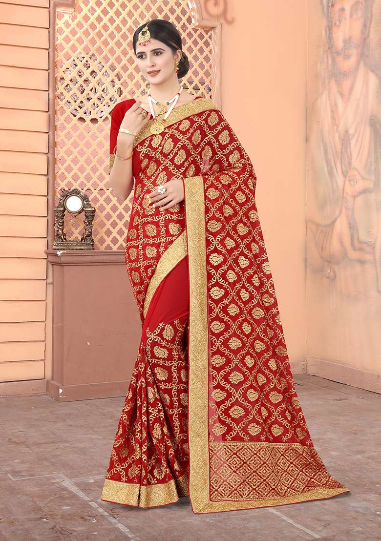 Red Georgette Saree Set with Embroidery for Diwali | Wedding & Festive Wear - Indya