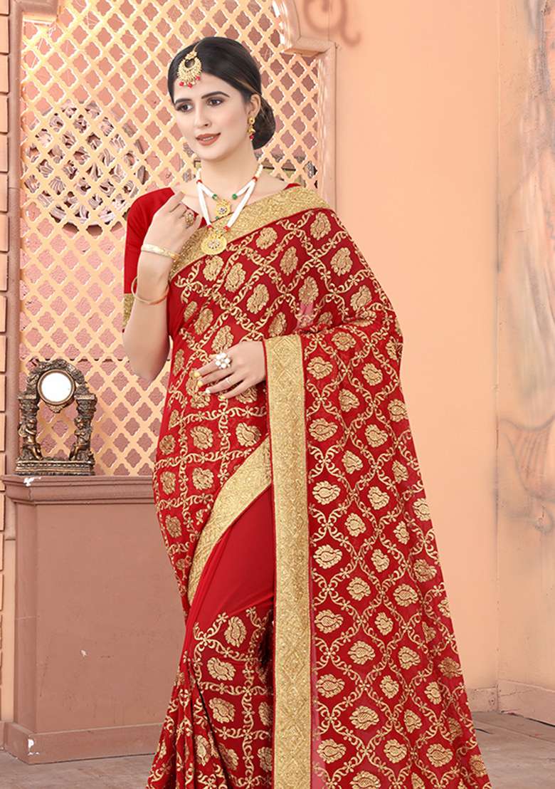 Red Georgette Saree Set with Embroidery for Diwali | Wedding & Festive Wear - Indya