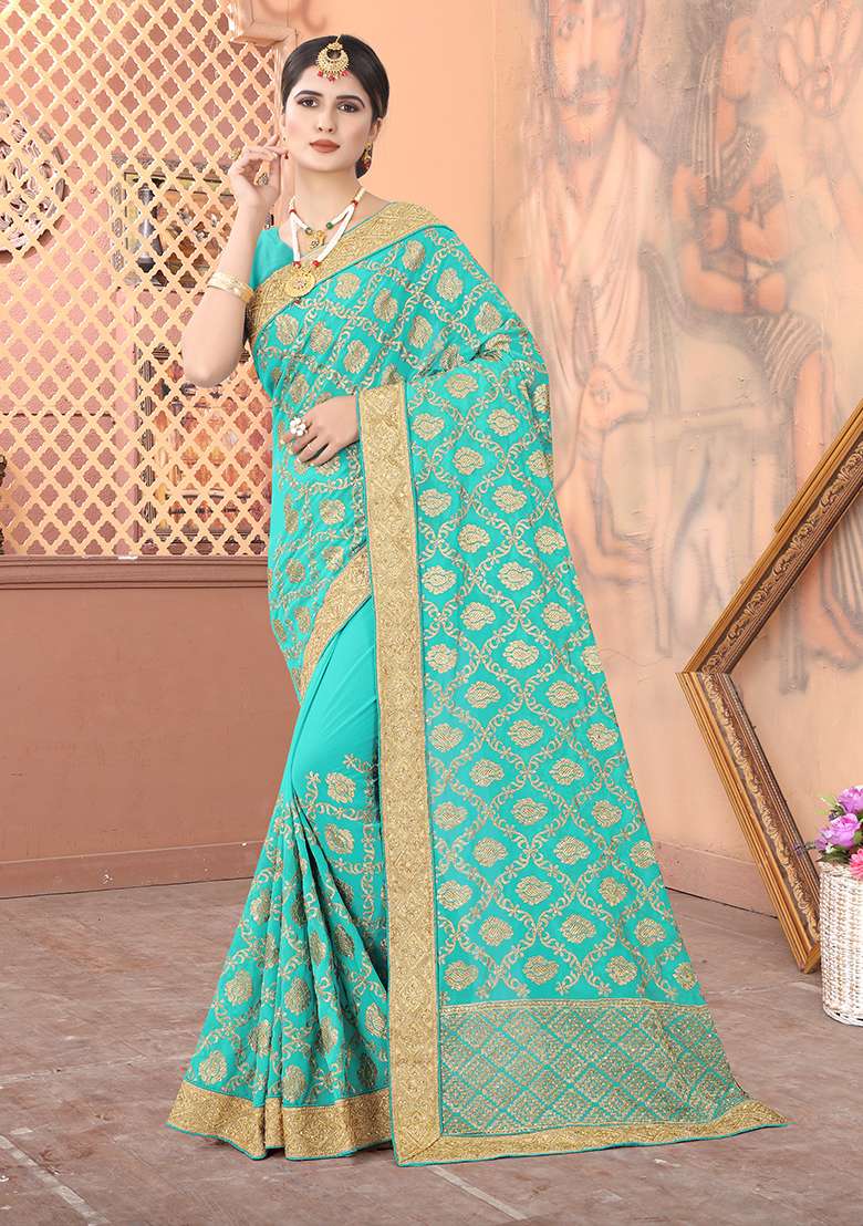 Sky Blue Georgette Saree Set with Embroidery for Diwali | Wedding & Festive Wear - Indya