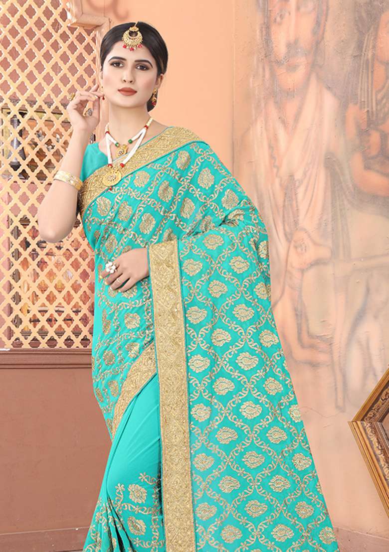 Sky Blue Georgette Saree Set with Embroidery for Diwali | Wedding & Festive Wear - Indya