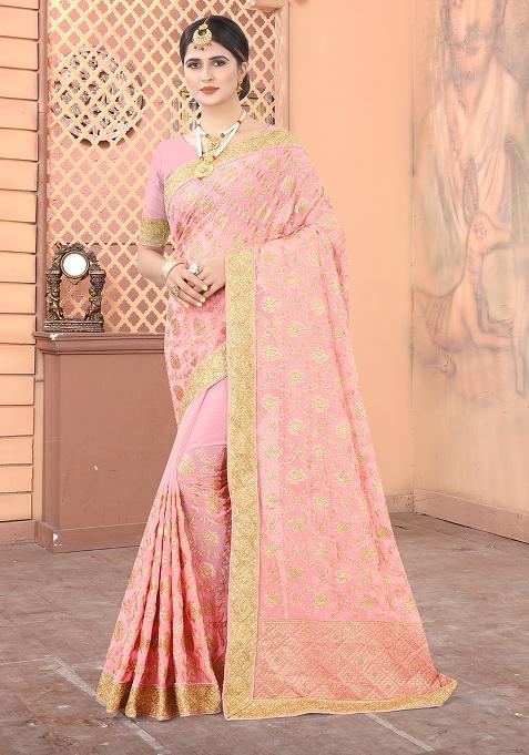 Peach Embroidery Georgette Saree Set