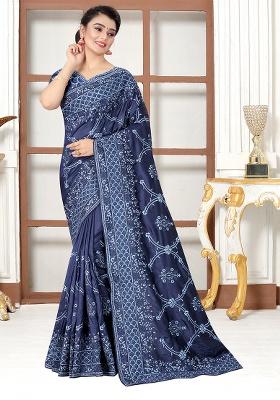 Navy Blue Embroidery Silk Saree Set