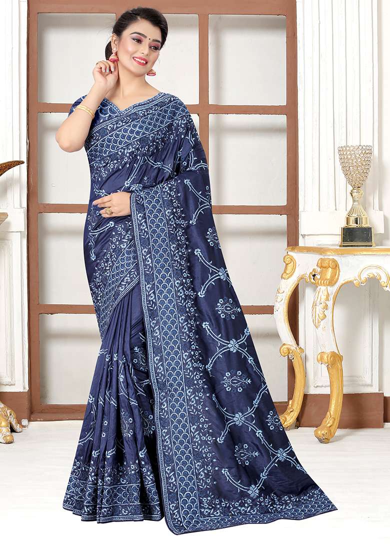 Navy Blue Silk Blend Saree Set with Embroidery for Diwali | Wedding & Festive Wear - Indya
