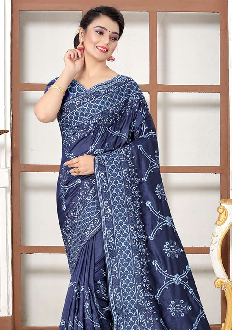 Navy Blue Silk Blend Saree Set with Embroidery for Diwali | Wedding & Festive Wear - Indya