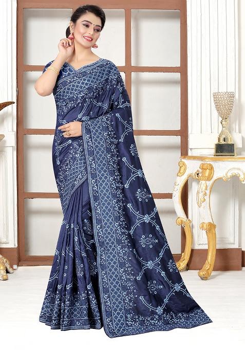 Navy Blue Embroidery Silk Saree Set