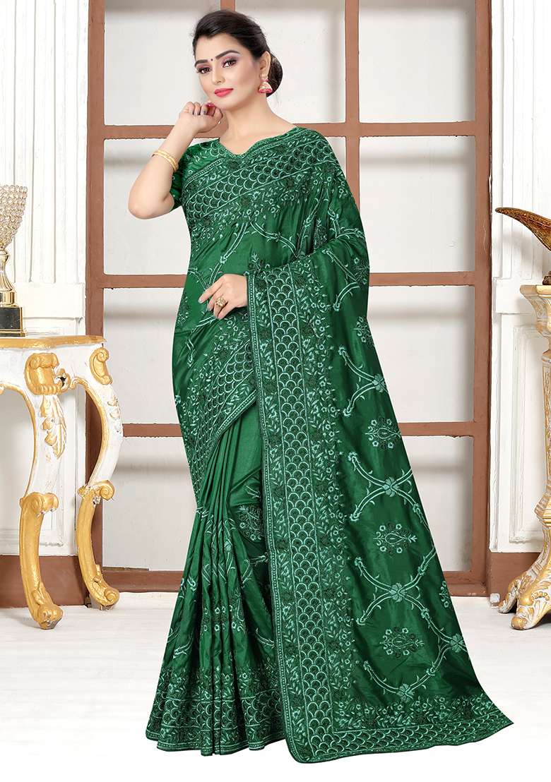 Bottle Green Silk Blend Saree Set with Embroidery for Diwali | Wedding & Festive Wear - Indya