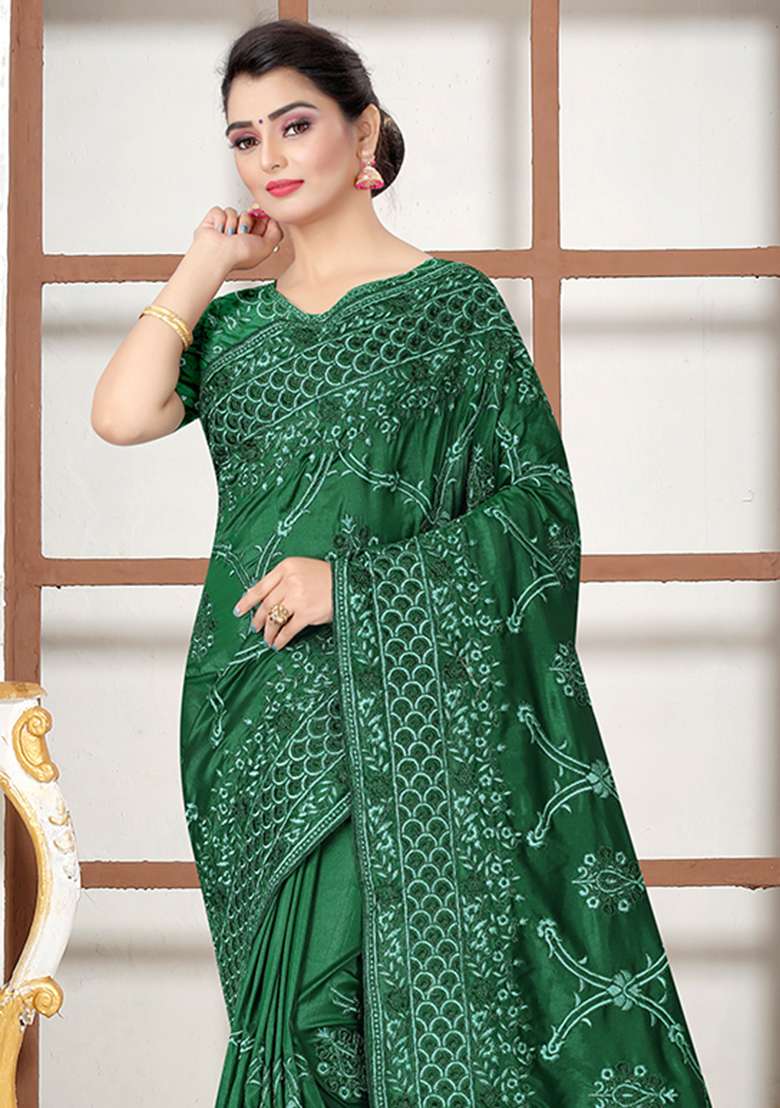 Bottle Green Silk Blend Saree Set with Embroidery for Diwali | Wedding & Festive Wear - Indya
