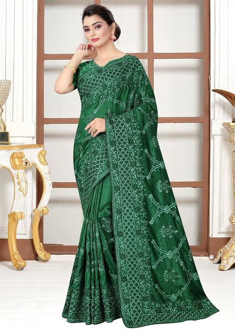 Bottle Green Embroidery Silk Saree Set