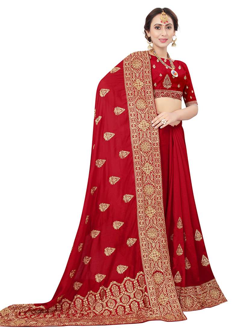 Red Embroidery Silk Blend Saree Set for Diwali and Festive Wear - Indya