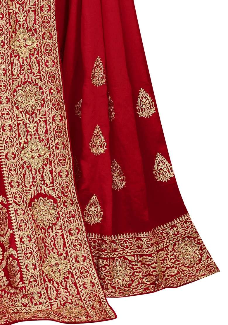 Red Embroidery Silk Blend Saree Set for Diwali and Festive Wear - Indya