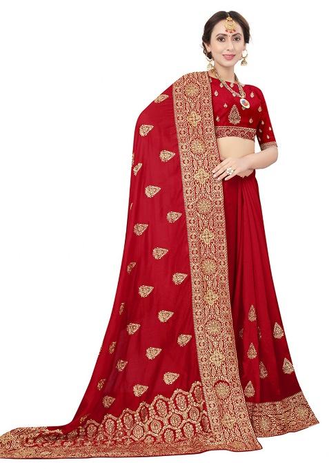 Red Embroidery Silk Saree Set