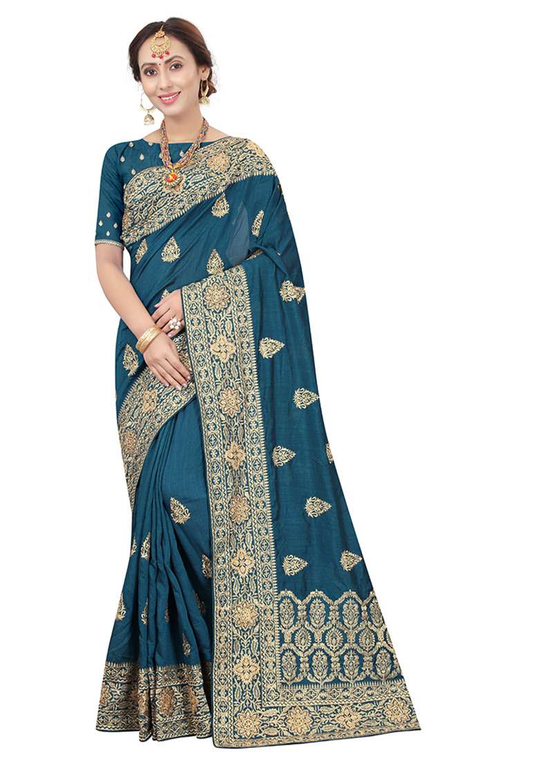 Morpeach Silk Blend Saree Set with Embroidery for Diwali | Wedding & Festive Wear - Indya