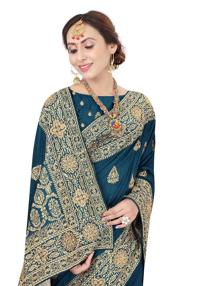 Morpeach Silk Blend Saree Set with Embroidery for Diwali | Wedding & Festive Wear - Indya