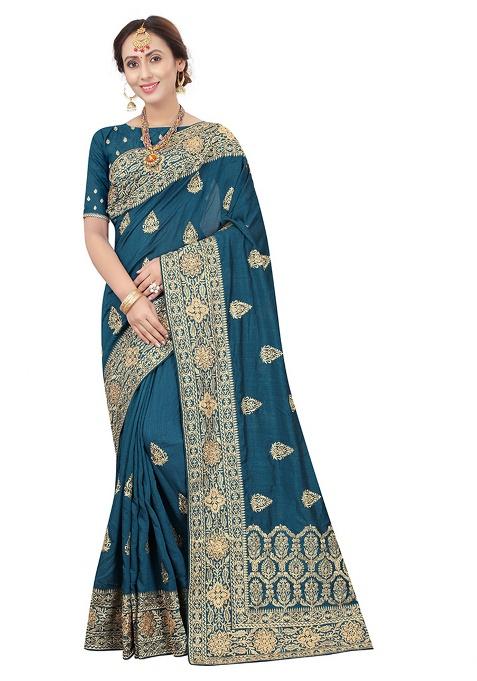 Morpeach Embroidery Silk Saree Set