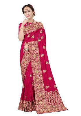 Rani Pink Embroidery Silk Saree Set