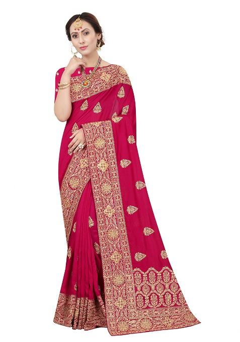 Rani Pink Embroidery Silk Saree Set