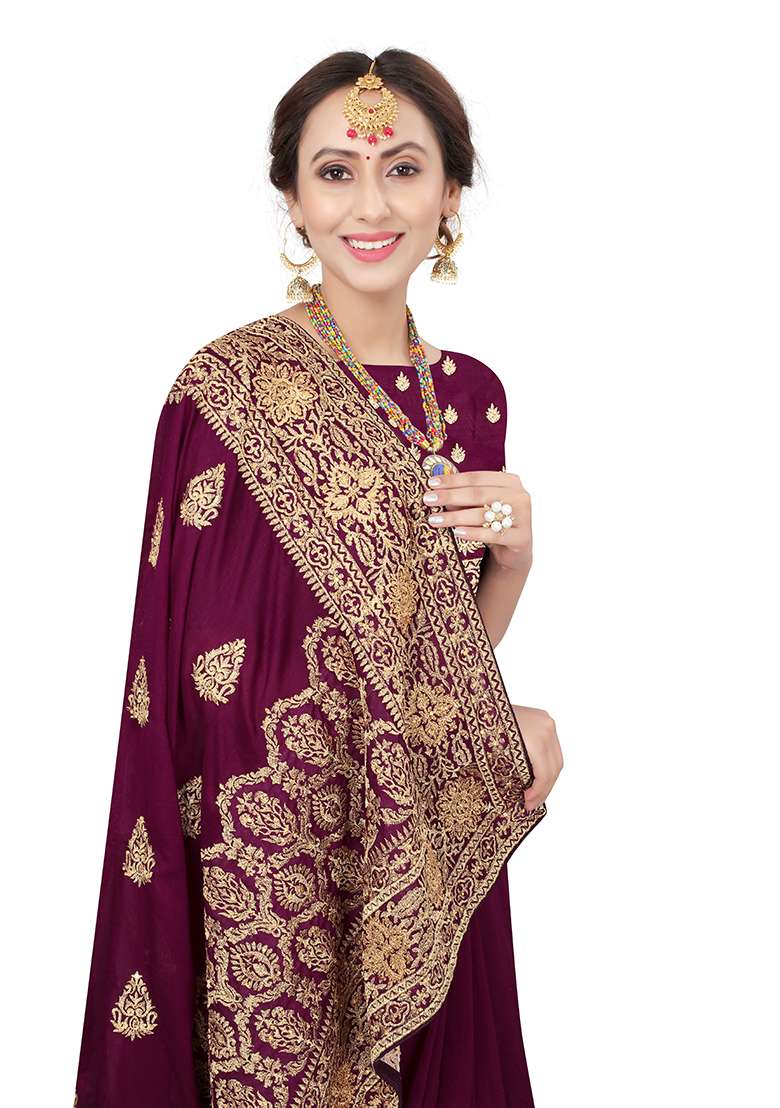 Wine Silk Blend Saree Set with Embroidery for Diwali | Wedding & Festive Wear - Indya