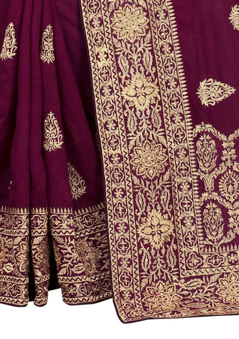 Wine Silk Blend Saree Set with Embroidery for Diwali | Wedding & Festive Wear - Indya