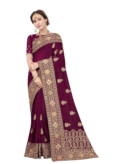 Wine Embroidery Silk Blend Saree Set