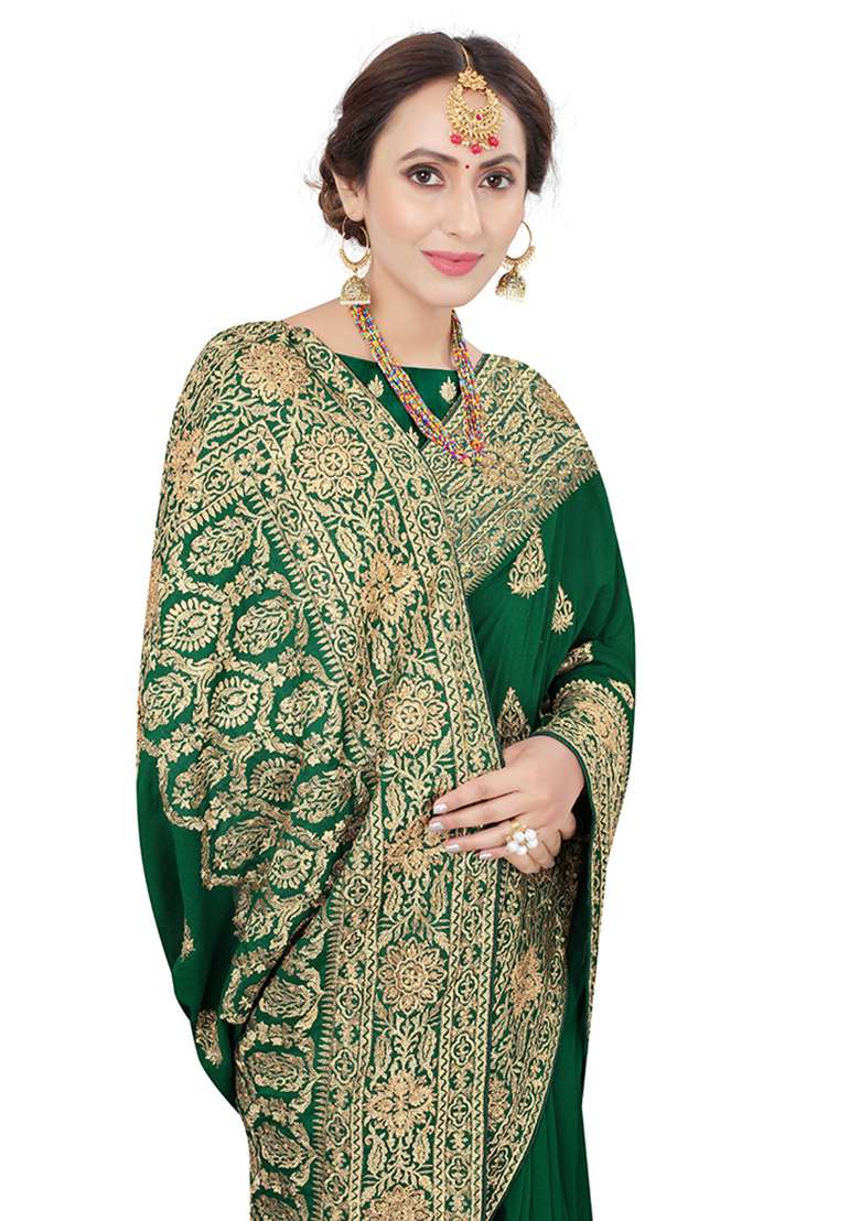 Bottle Green Silk Blend Saree Set with Embroidery for Diwali | Wedding & Festive Wear - Indya