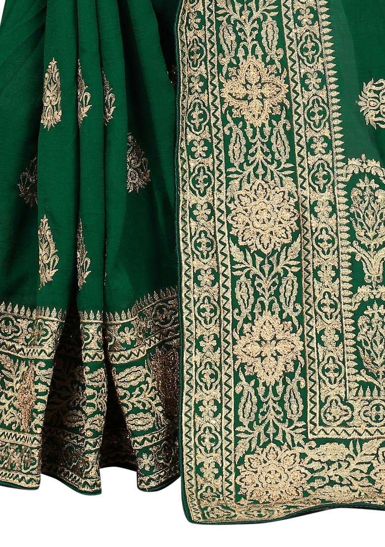 Bottle Green Silk Blend Saree Set with Embroidery for Diwali | Wedding & Festive Wear - Indya