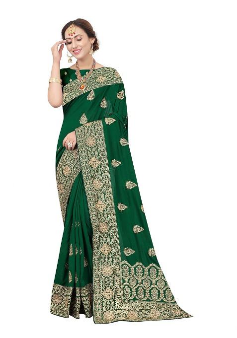 Bottle Green Embroidery Silk Saree Set — view on Indya