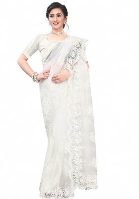 White Embroidery Net Saree Set