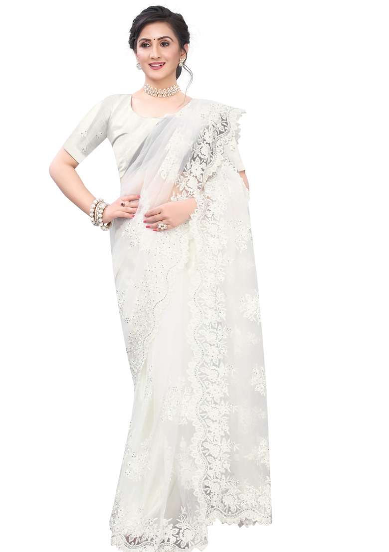 White Net Saree Set with Embroidery for Diwali | Wedding & Festive Wear - Indya