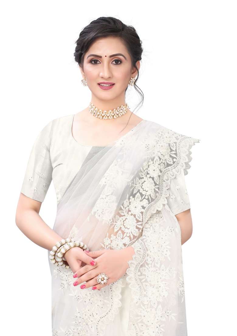 White Net Saree Set with Embroidery for Diwali | Wedding & Festive Wear - Indya