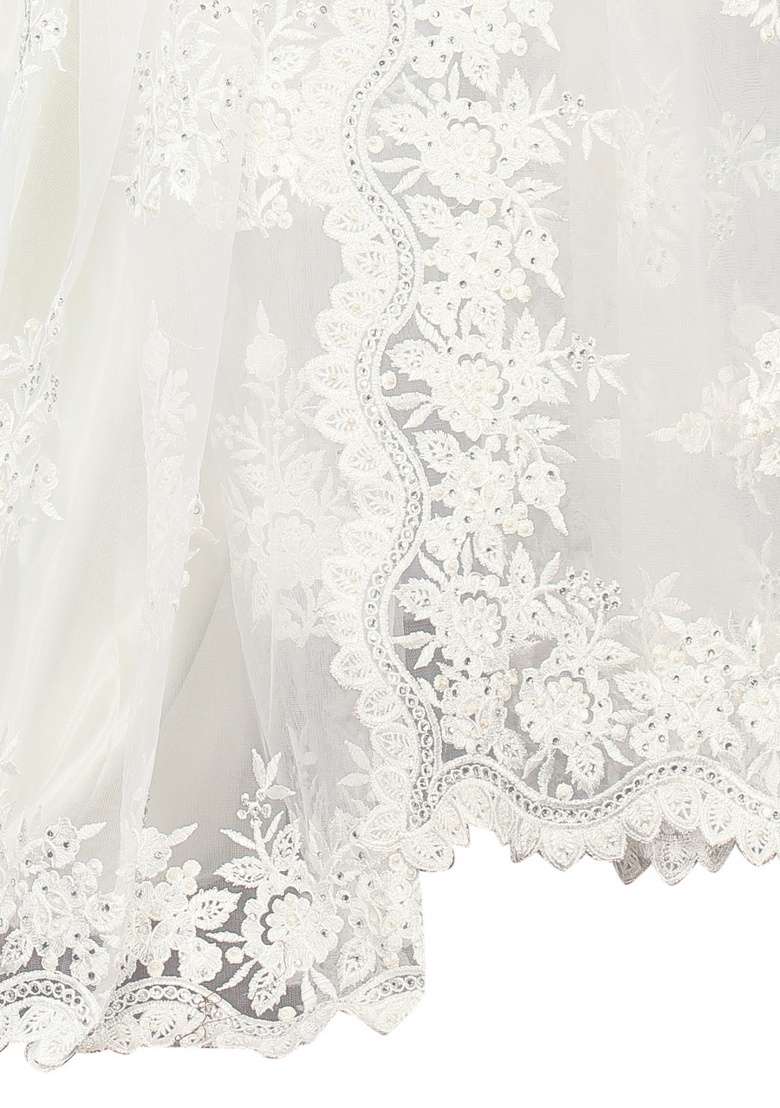 White Net Saree Set with Embroidery for Diwali | Wedding & Festive Wear - Indya