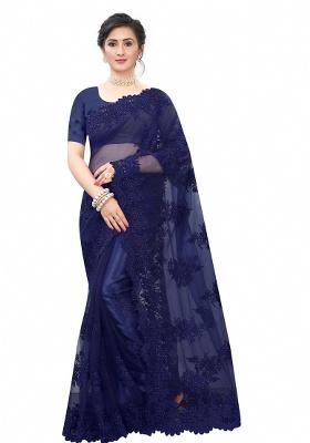 Navy Blue Embroidery Net Saree Set